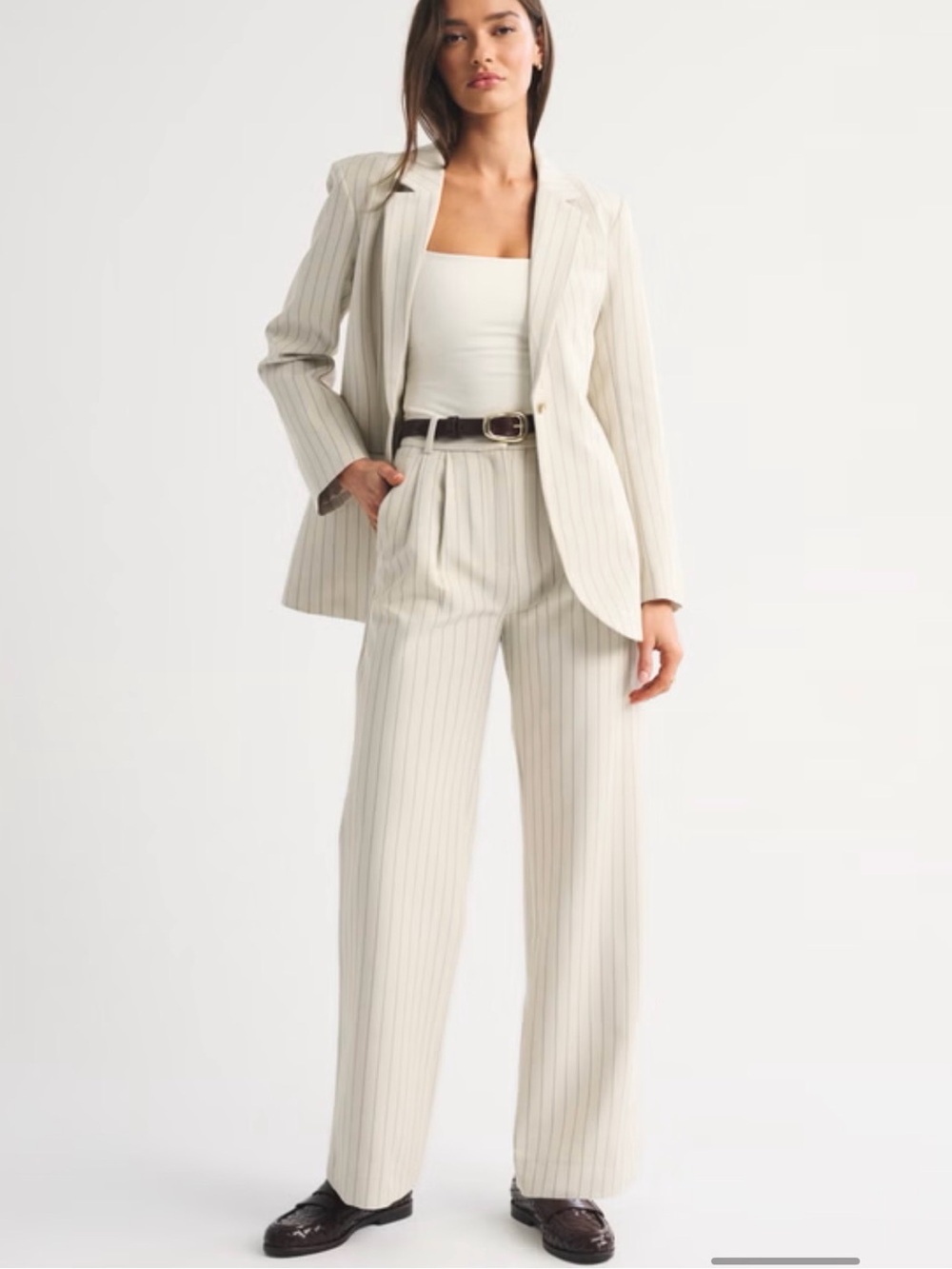 Abercrombie & Fitch Sloane Tailored Pant Women 25 Cream Excellent Pinstripe Wide